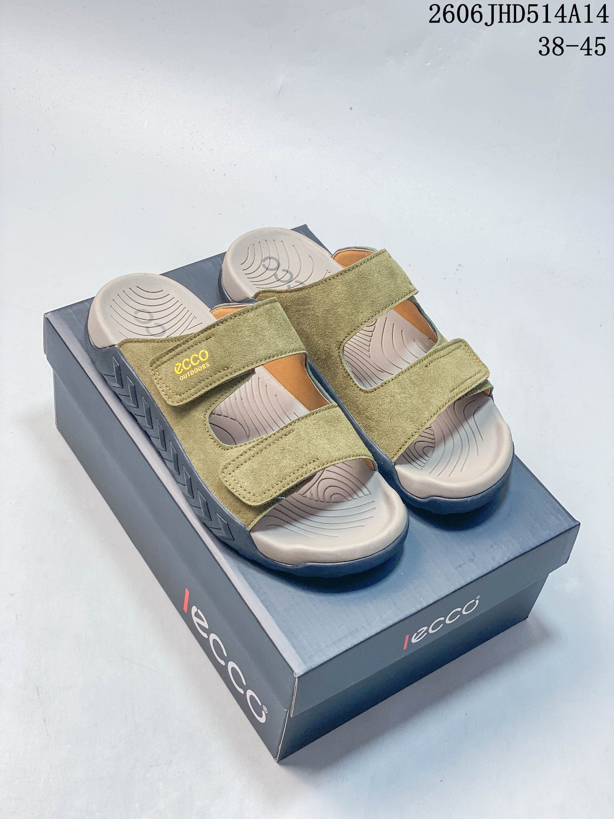 Olive green ECCO two-strap sandals with molded footbeds on a branded box.