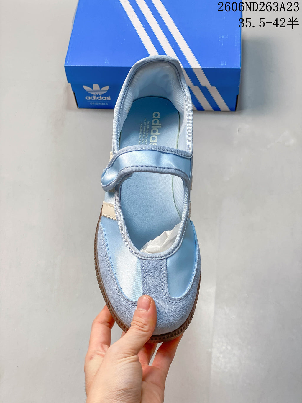 Top view of the light blue Adidas Samba Jane Mary Jane strap and toe