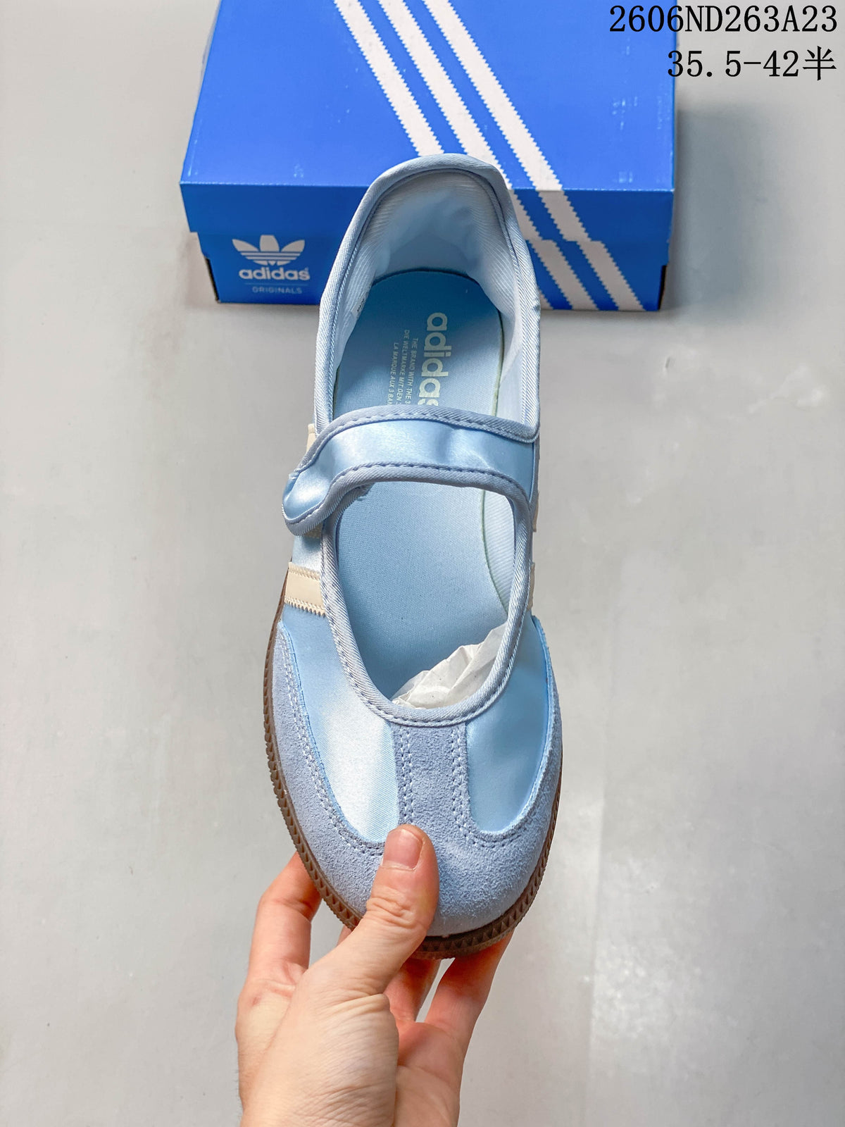 Top view of the light blue Adidas Samba Jane Mary Jane strap and toe