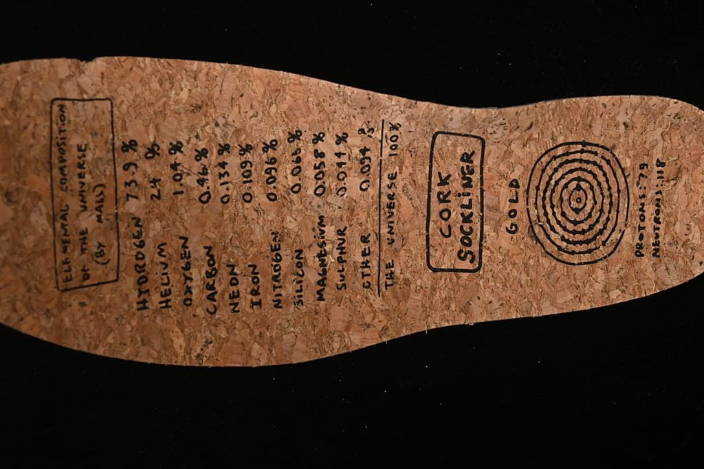 Cork-colored insole with printed composition-style graphics