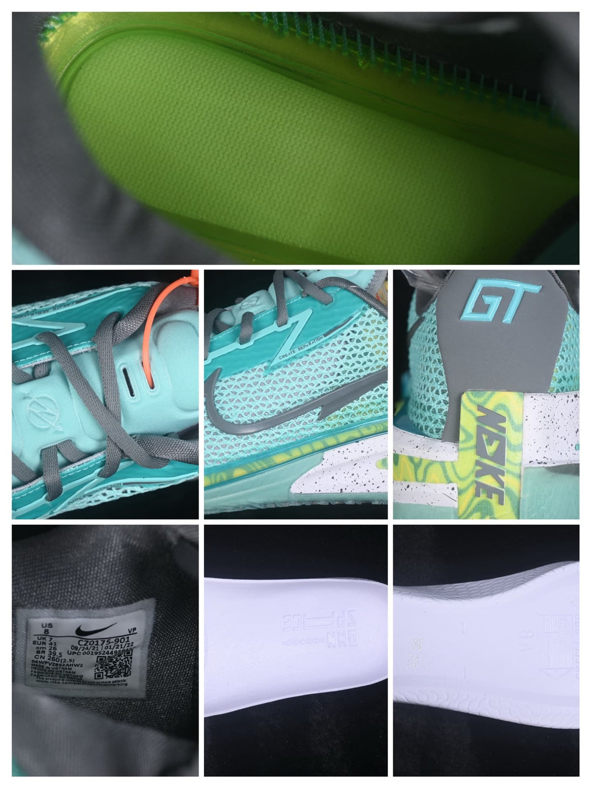 Collage of close-up details including the outsole texture, lacing, side branding, heel logo, interior size label, and midsole markings.