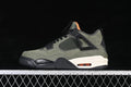 Side profile of an olive-green and black Jordan 4 sneaker with a cream midsole and orange accents