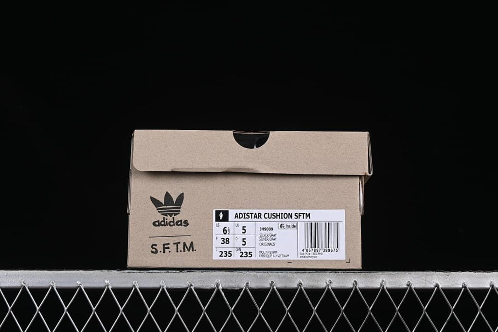 Adistar Cushion SFTM shoe box label showing model JH9009 and a sample size of US 6.5 and FR 38.