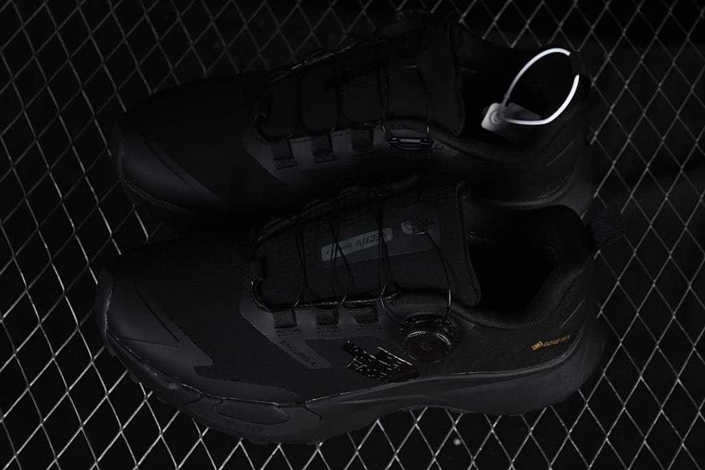 Pair of black low-cut shoes shown from above at an angle.