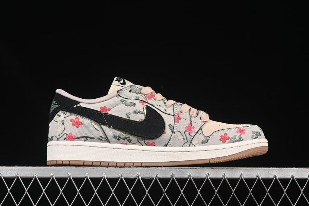 Side view of the floral-print sneaker with a dark Swoosh