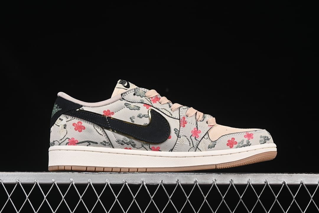 Side view of the floral-print sneaker with a dark Swoosh