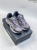 Pair of purple, charcoal, and light-lime ASICS Gel-Nimbus 10.1 sneakers displayed on a shoe box