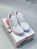 Pair of white and pale pink Nike Air Max 270 Premium sneakers on a shoe box