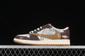 Side view of a brown, white, and tan low-top sneaker with a gray patterned panel and reversed-style outer side Swoosh.