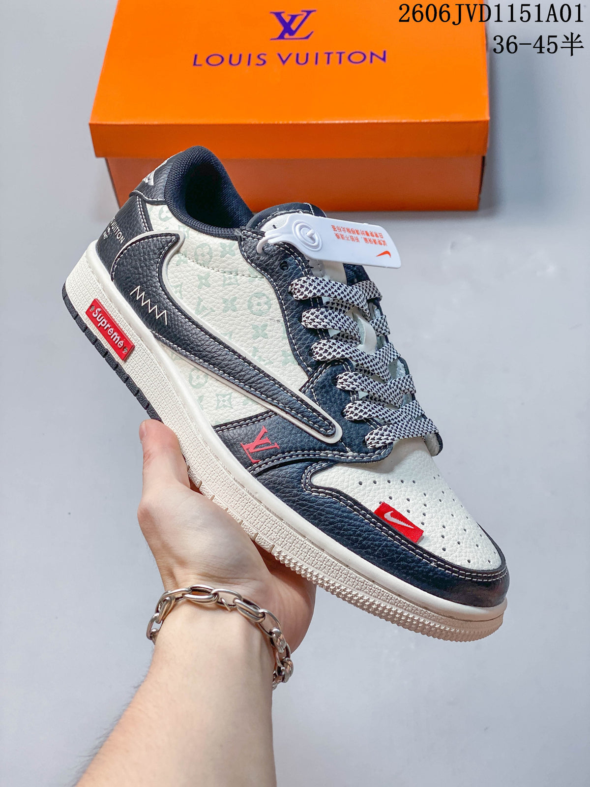 Angled side view of the sneaker with patterned panels and contrasting overlays