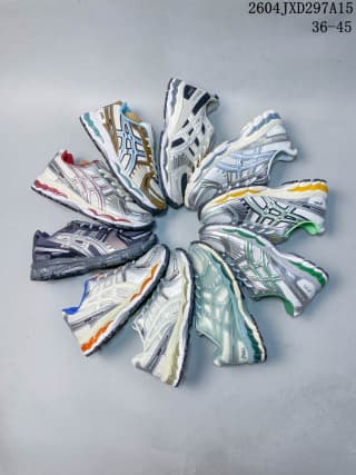 Several ASICS sneaker colorways arranged in a circular display.