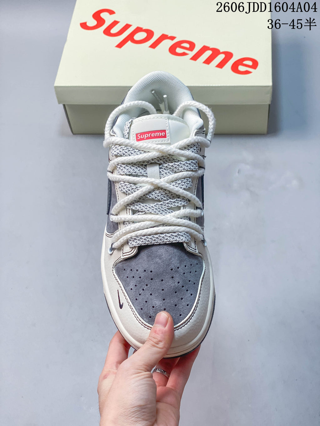 Front view of the perforated toe and laces on the Nike SB Dunk Low
