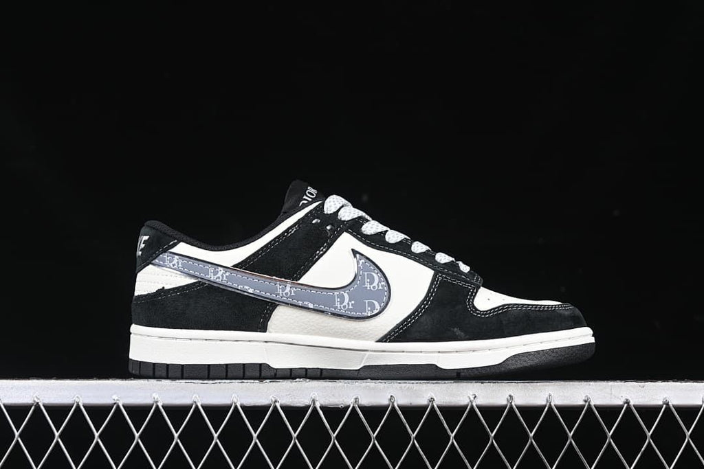 Side profile showing the gray patterned swoosh and black-and-white panels.
