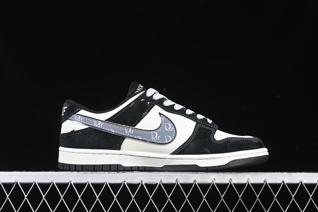 Side profile showing the gray patterned swoosh and black-and-white panels.