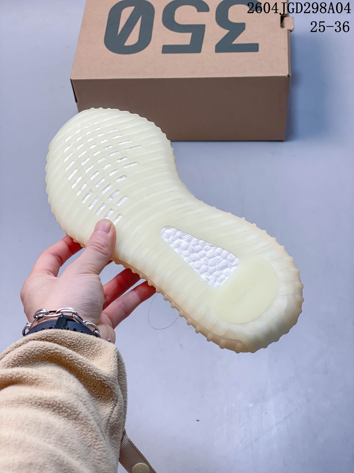Close-up of the translucent-looking ribbed sole on an Adidas Yeezy 350 V2 sneaker