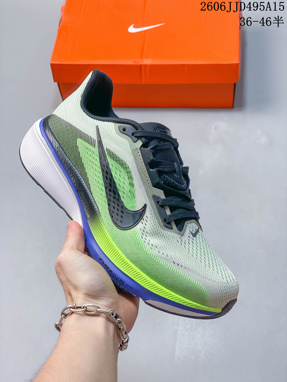 Pale green Nike Air Zoom Pegasus 42 shoe with black laces and blue and lime accents