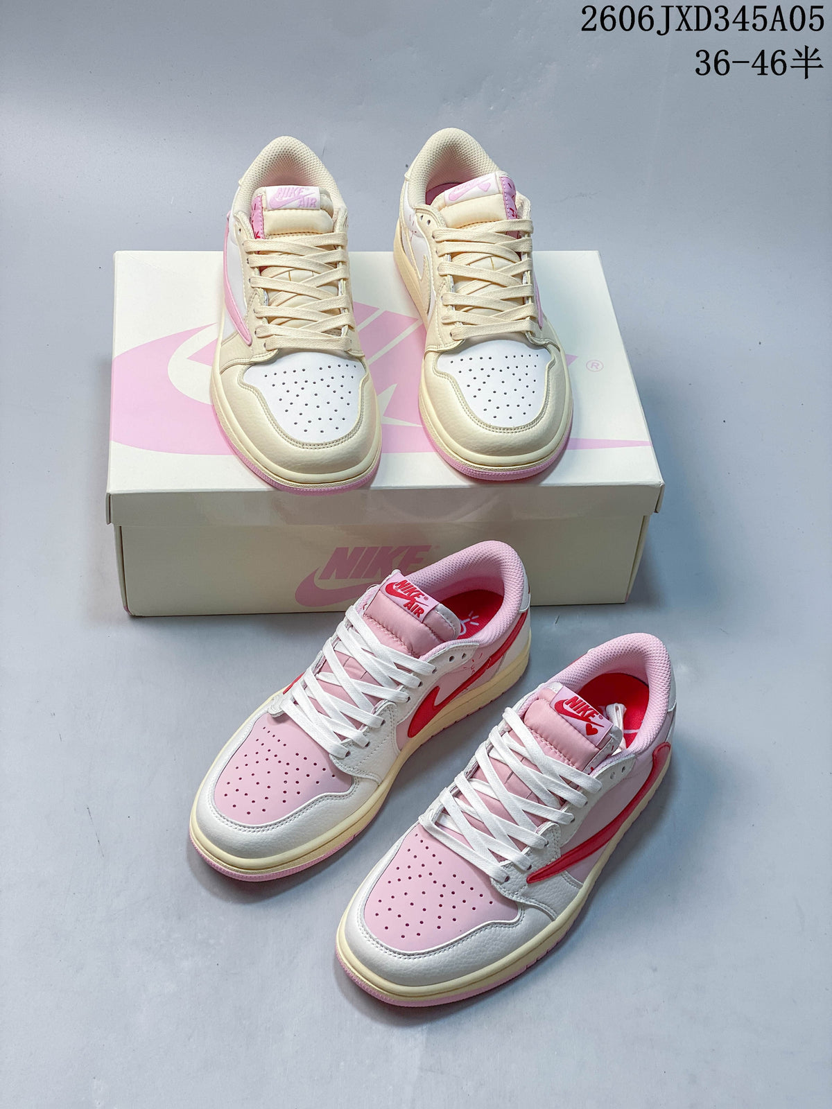 Two pink, white, and cream low-top sneakers shown from above and at an angle beside a shoe box.