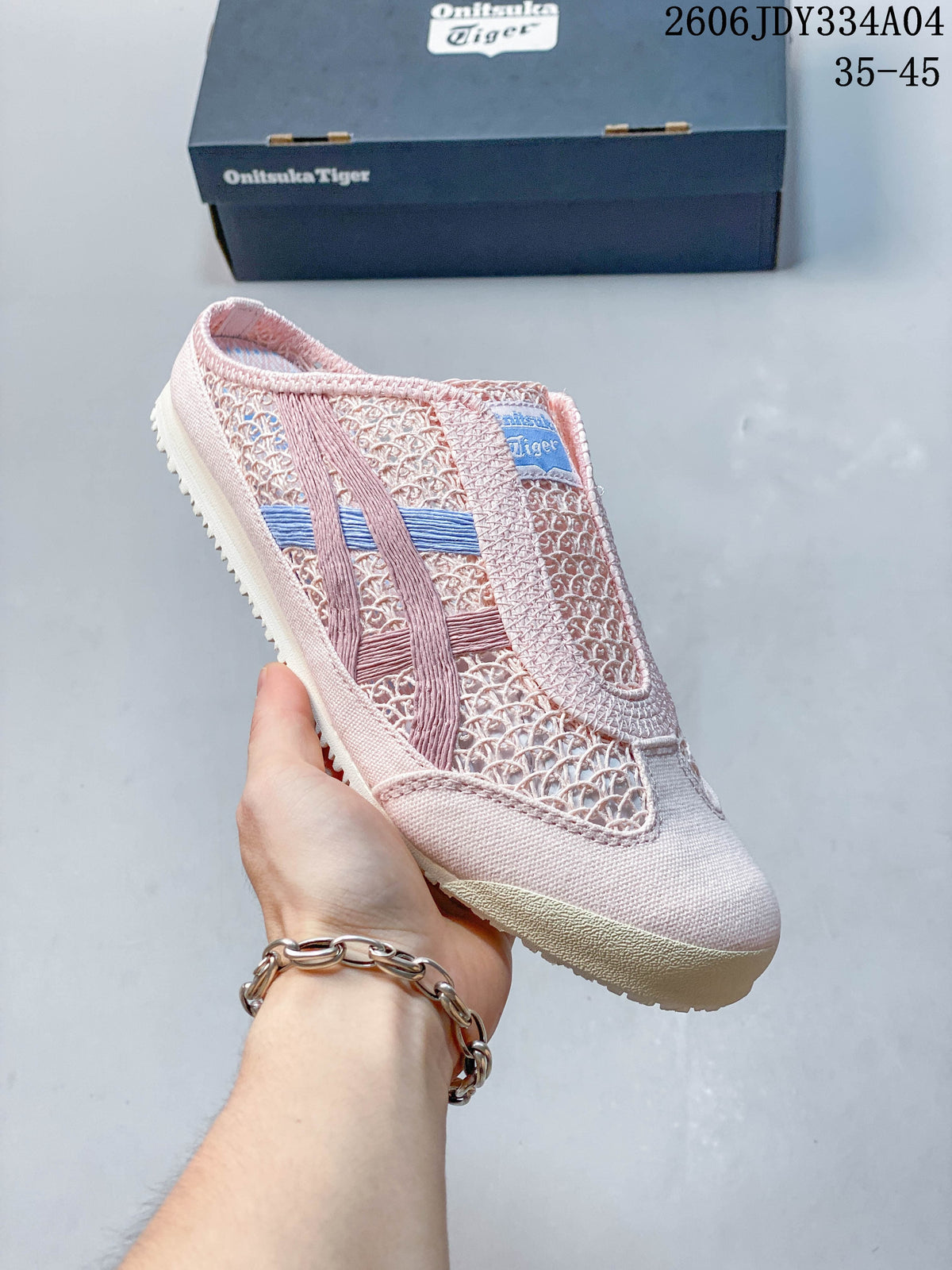 Pale pink Onitsuka Tiger Mexico 66 Sabot shoe shown from the side, with patterned upper and contrasting stripes.