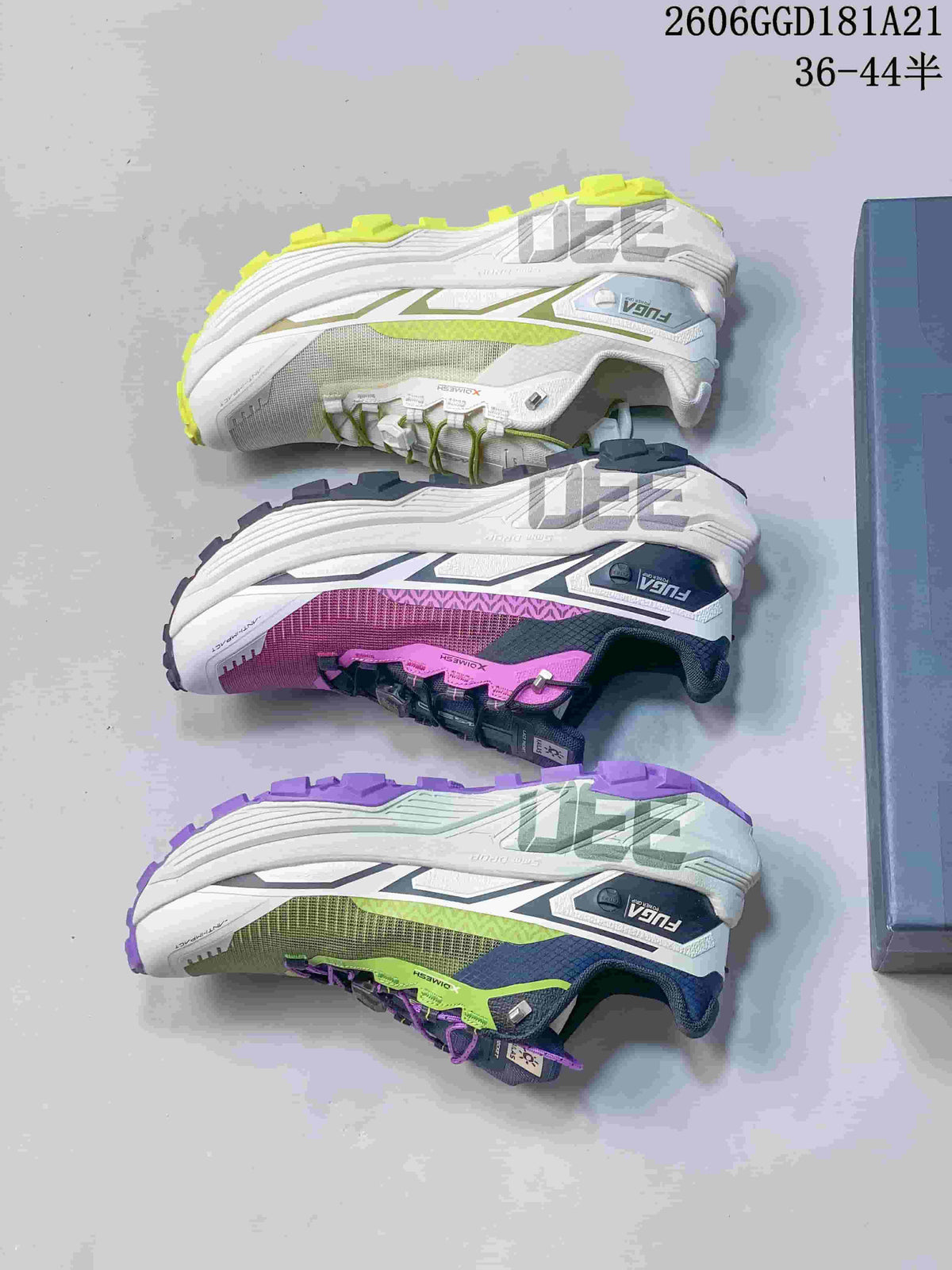 Three Kailas FUGA EX BOA shoes shown from the side in white and lime, magenta and navy, and olive and purple