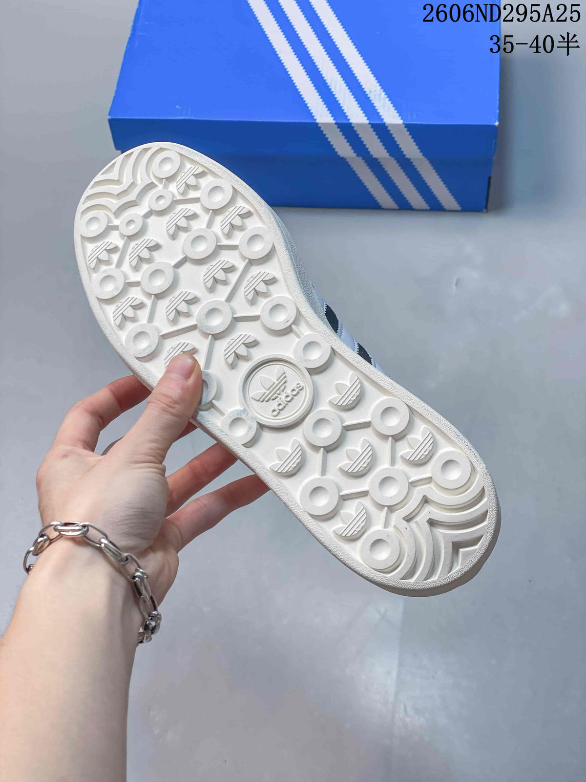 Underside view showing the patterned off-white outsole of the Adidas Gazelle Bold W.
