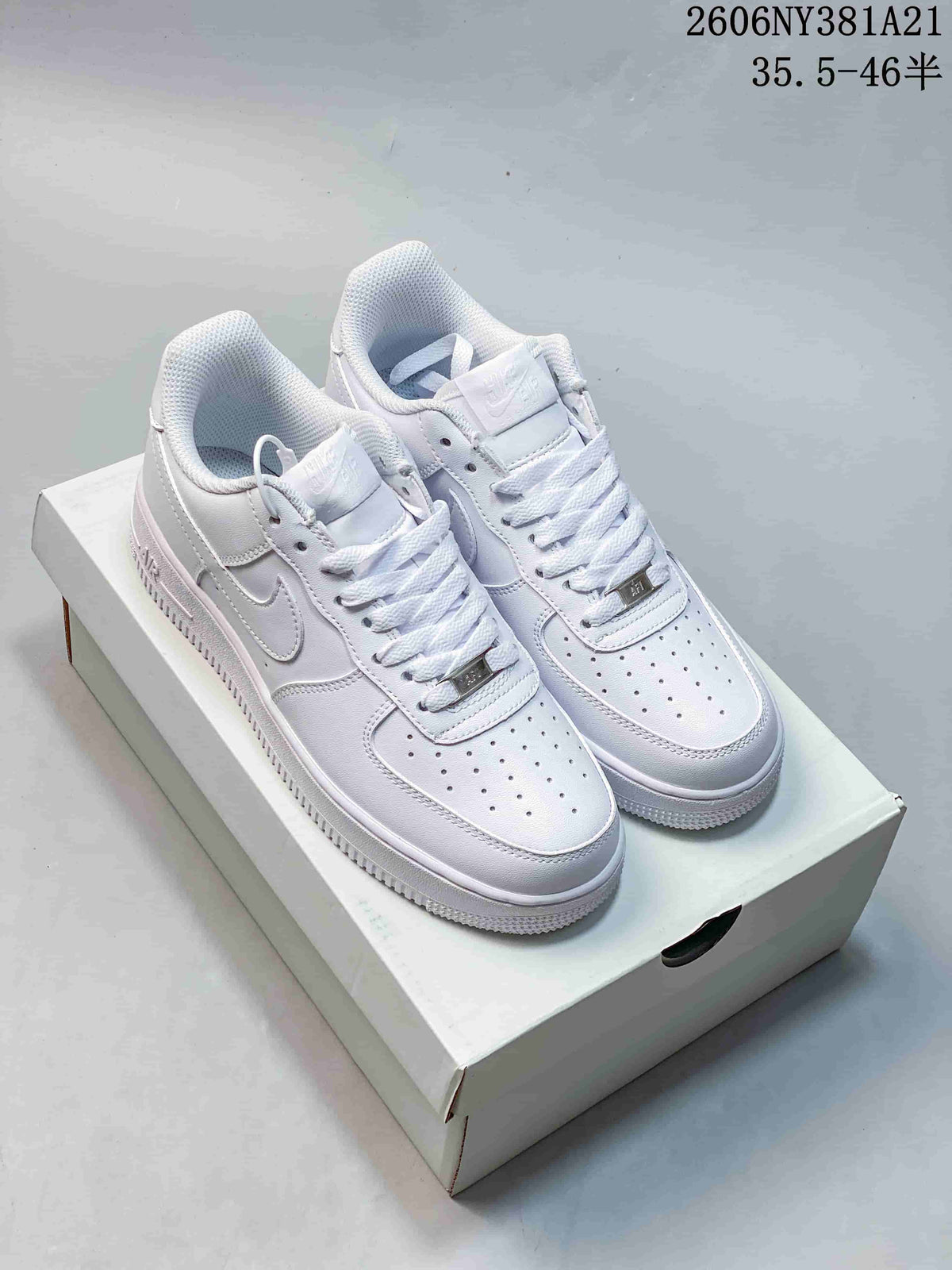 Pair of white Nike Air Force 1 ’07 LV8 low-top sneakers on a shoe box