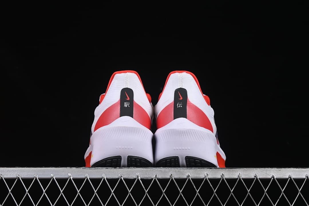 Rear view of the pair with red heel panels and white midsoles