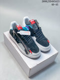 Pair of white and navy low-top Nike sneakers with colorful accents, shown from above