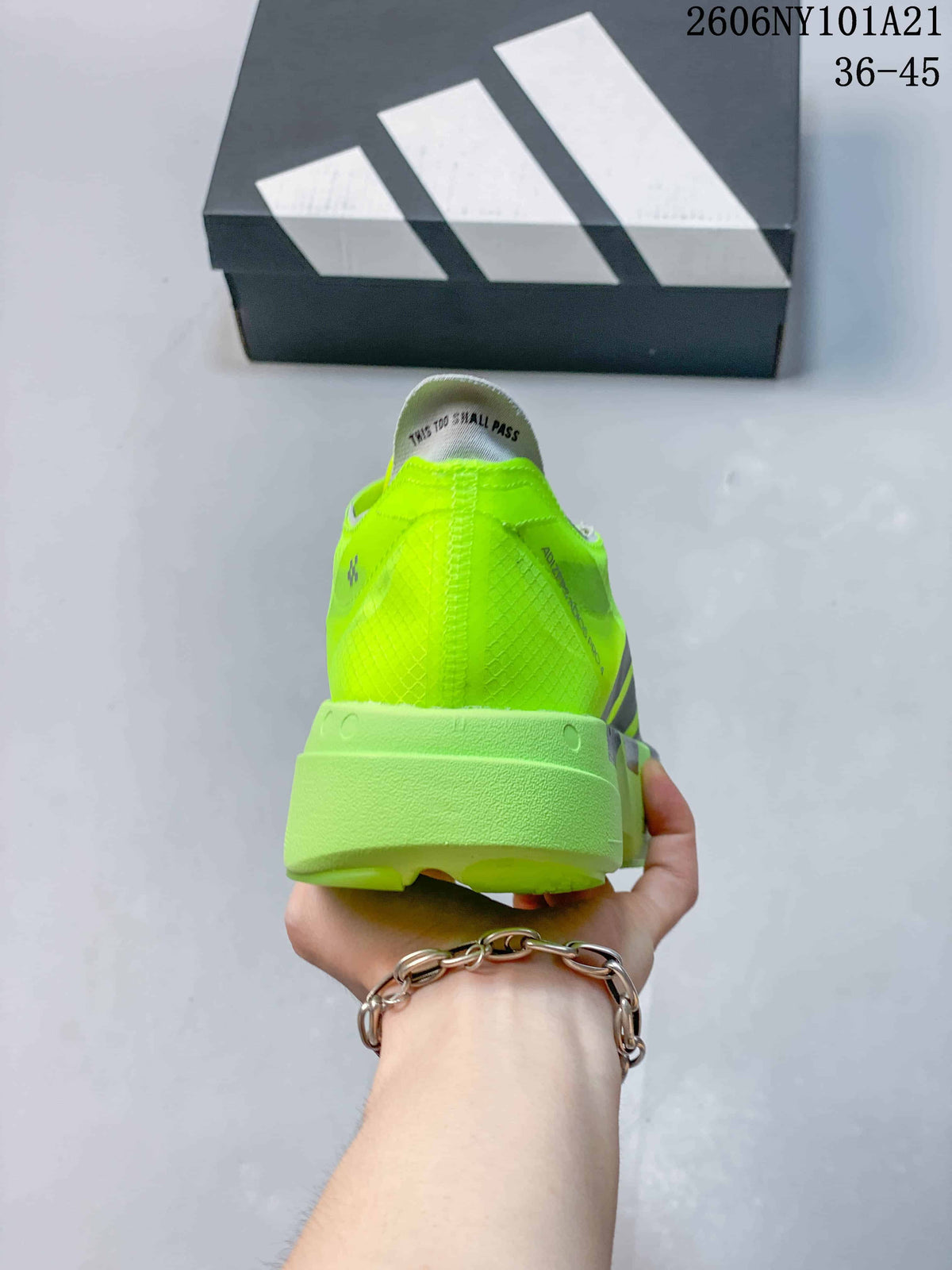 Rear view showing the neon yellow heel and sculpted sole.