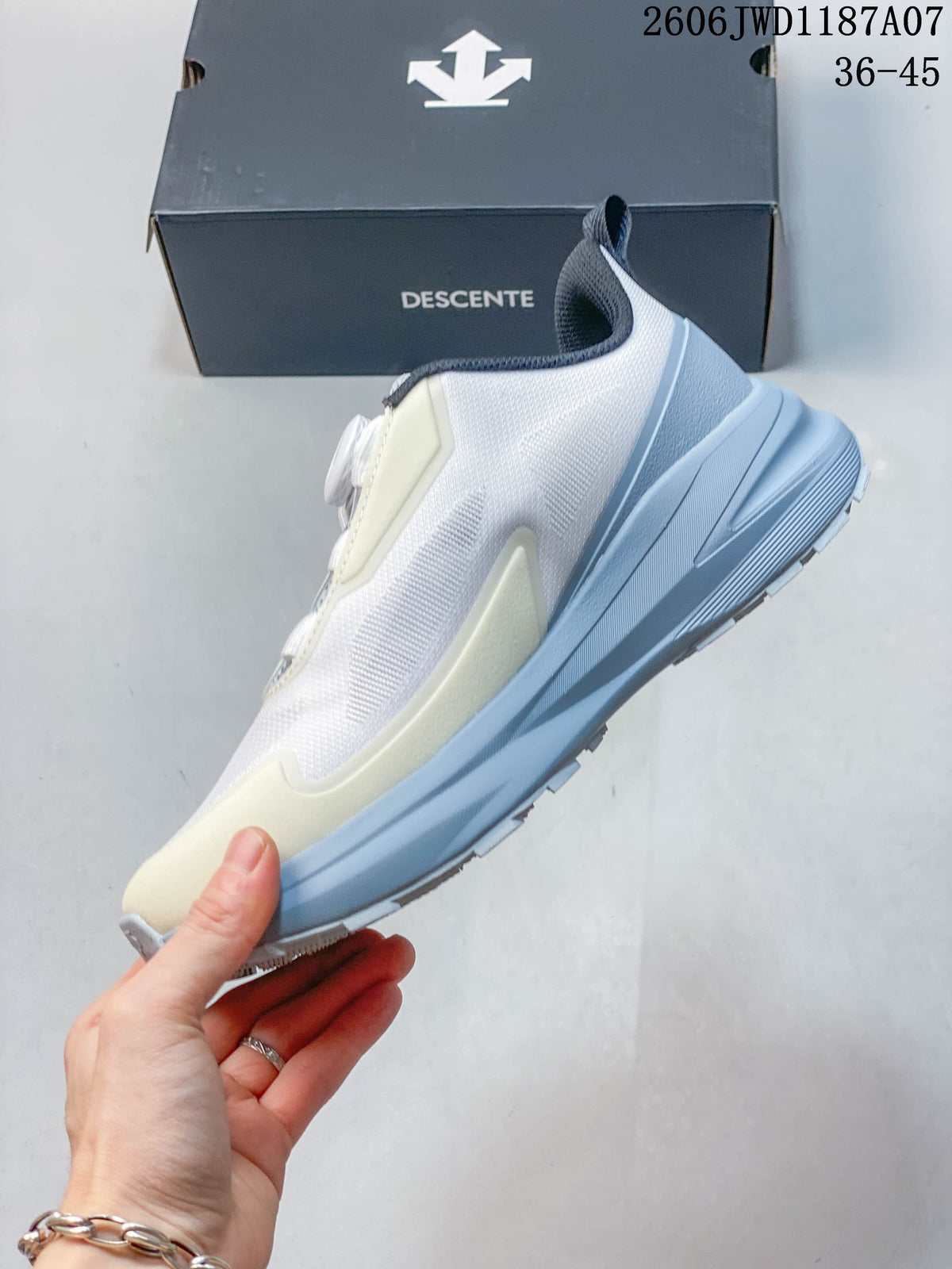Side profile of a white low-top sneaker with pale blue-gray accents.