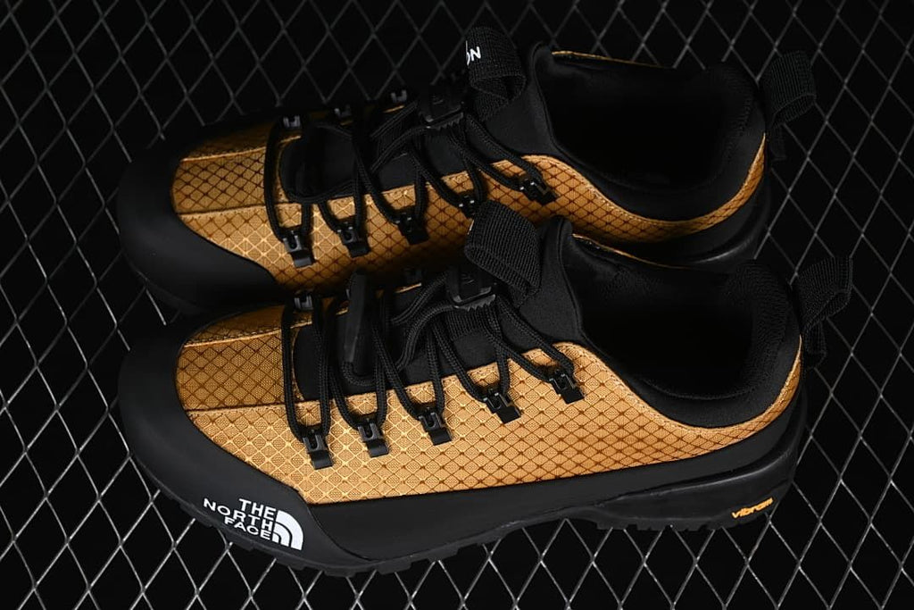 Pair of black and gold low-cut shoes viewed from above