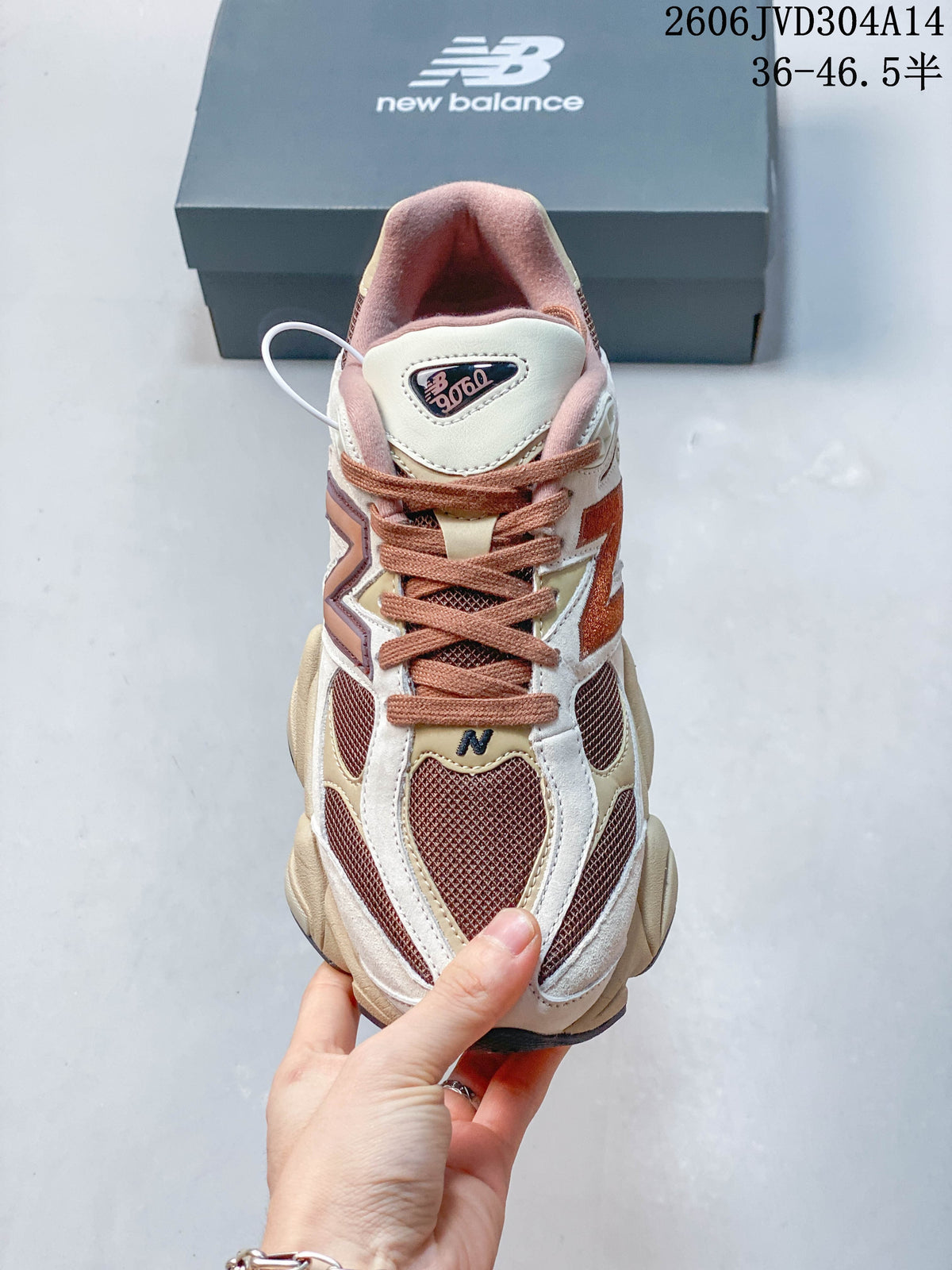 Top view of a New Balance 9060 sneaker showing its mesh toe and brown laces