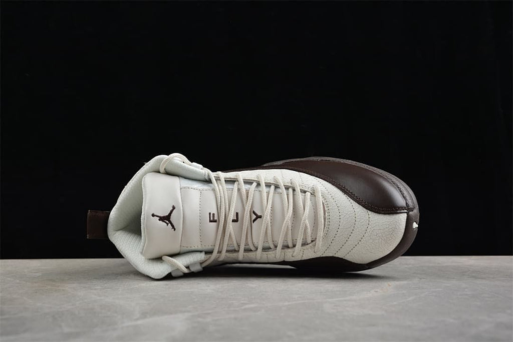 Top view of the Air Jordan 12 showing the laces and tongue emblem