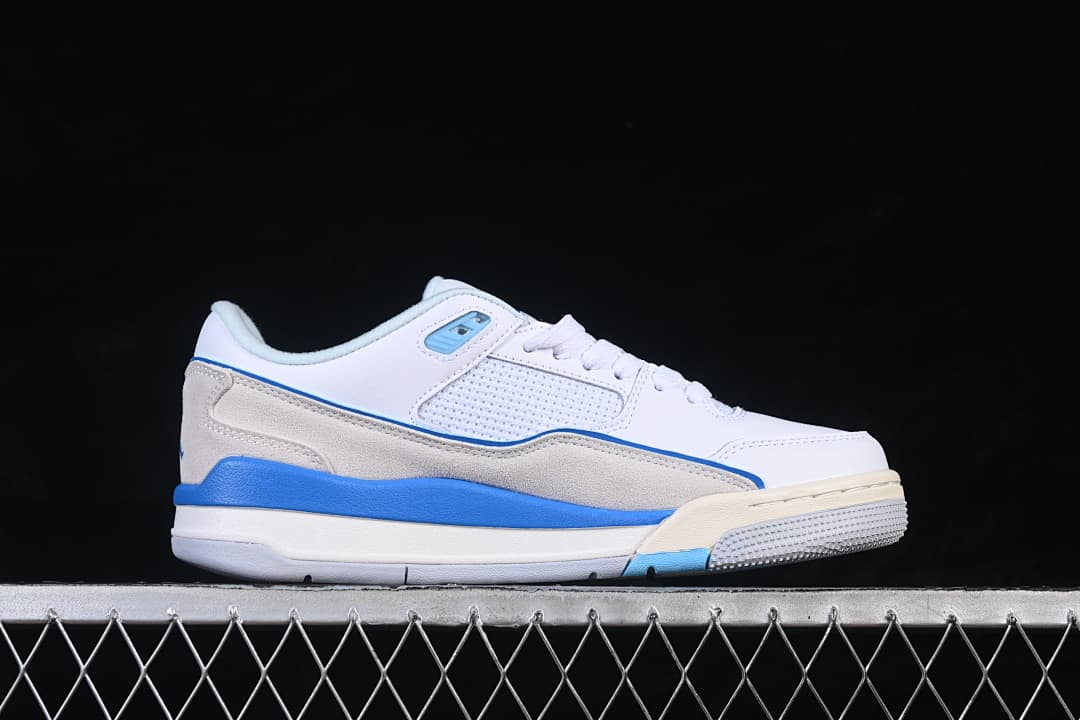 Side profile of the white and blue low-top sneaker