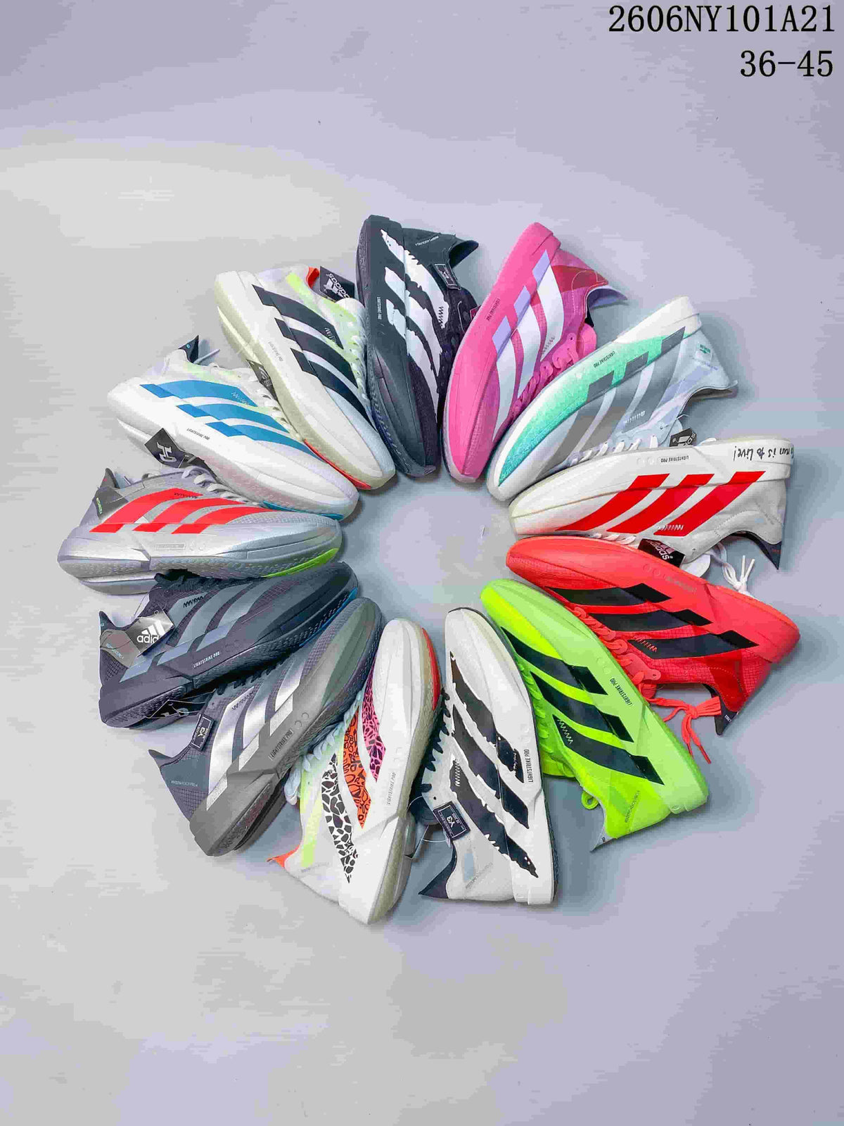Assortment of Adidas running shoes in multiple colorways; image text shows 36–45.
