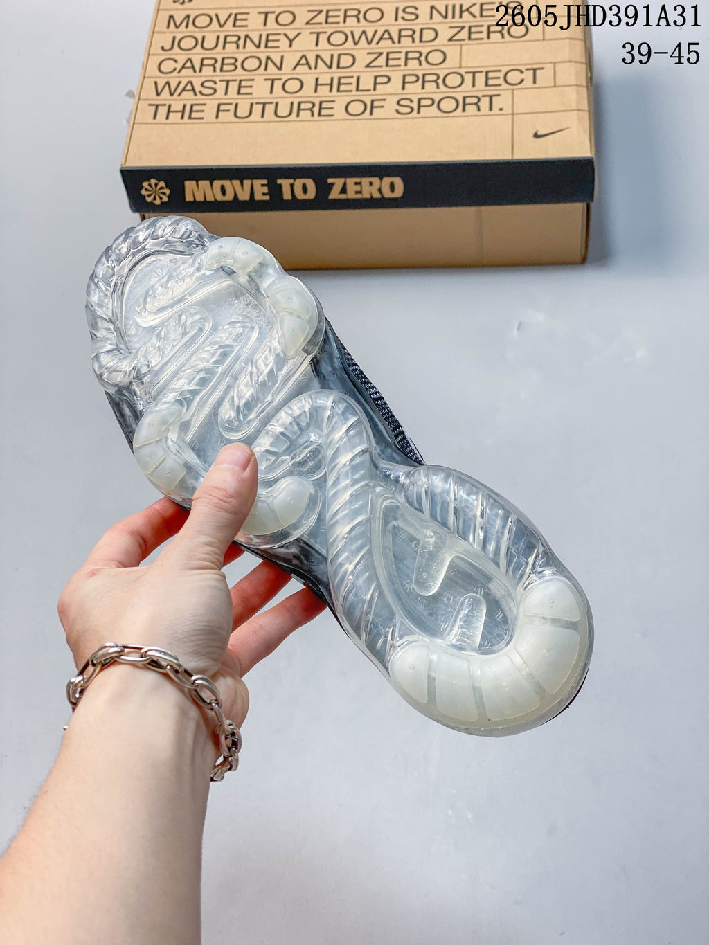 Close-up of the transparent sole unit on a Nike Air VaporMax shoe