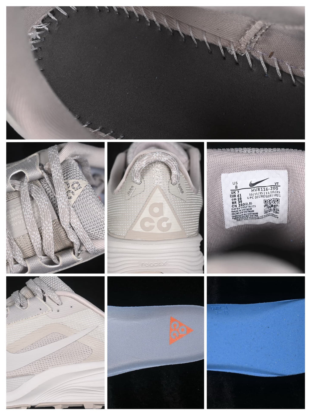 Close-up collage showing the upper, tongue, heel branding, interior label, insole, and outsole details.