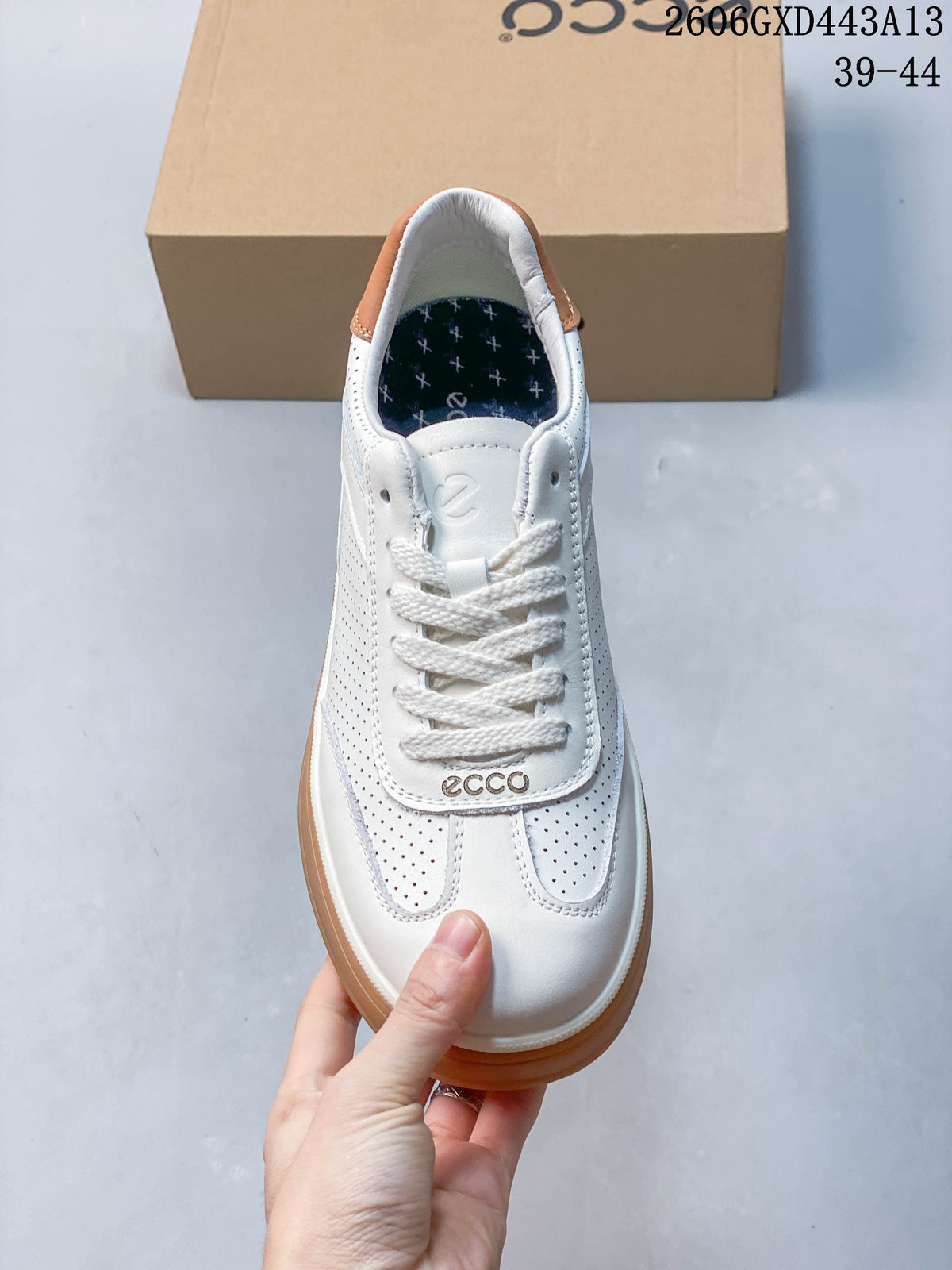 Top view of the white lace-up ECCO sneaker with perforated panels.