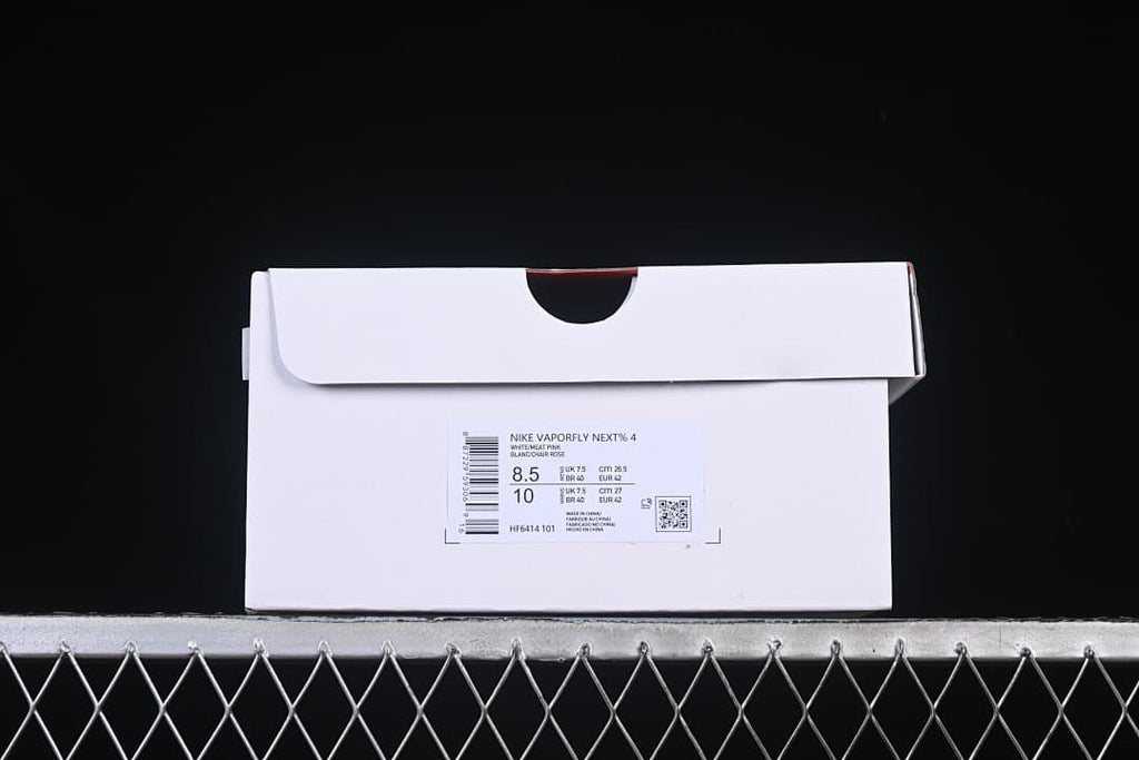 Shoebox label identifying Nike Vaporfly NEXT% 4 and style code HF6414-101