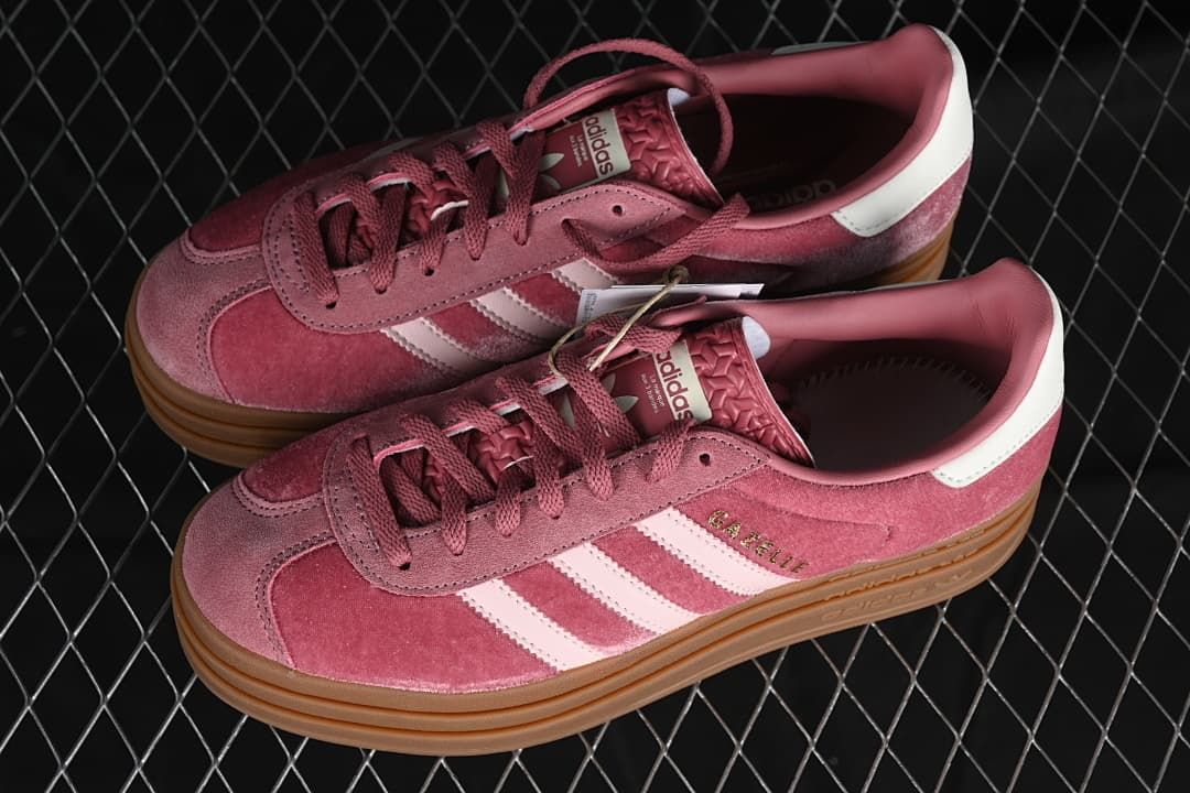 Pair of pink Gazelle Bold sneakers shown from above at an angle