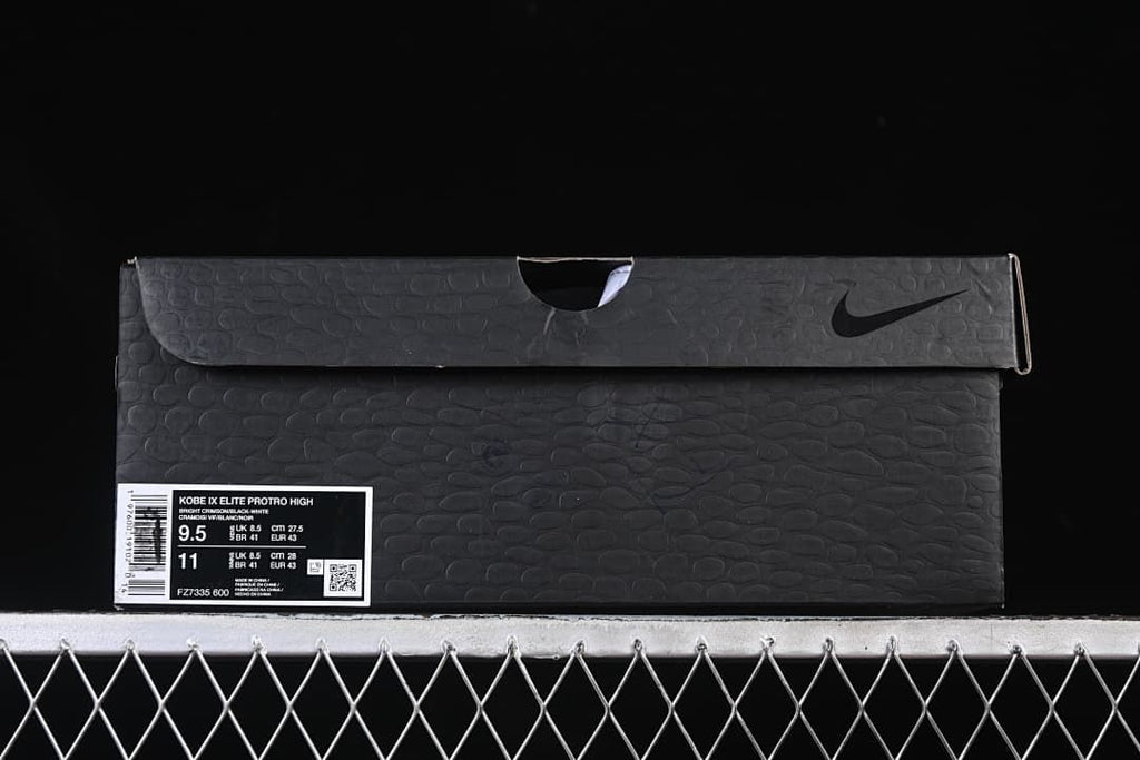 Black shoe box with label identifying Kobe IX Elite Protro High and size details