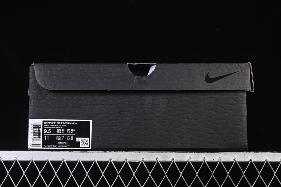 Black shoe box with label identifying Kobe IX Elite Protro High and size details