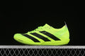 Side view of a neon yellow Adidas Adizero running shoe with black stripes