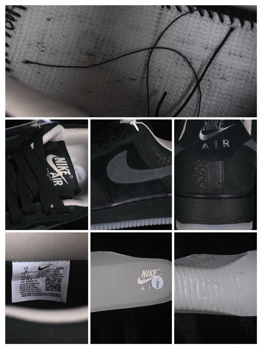 Detail collage showing the tongue label, Swoosh, heel branding, product size label, insole branding, and outsole texture.