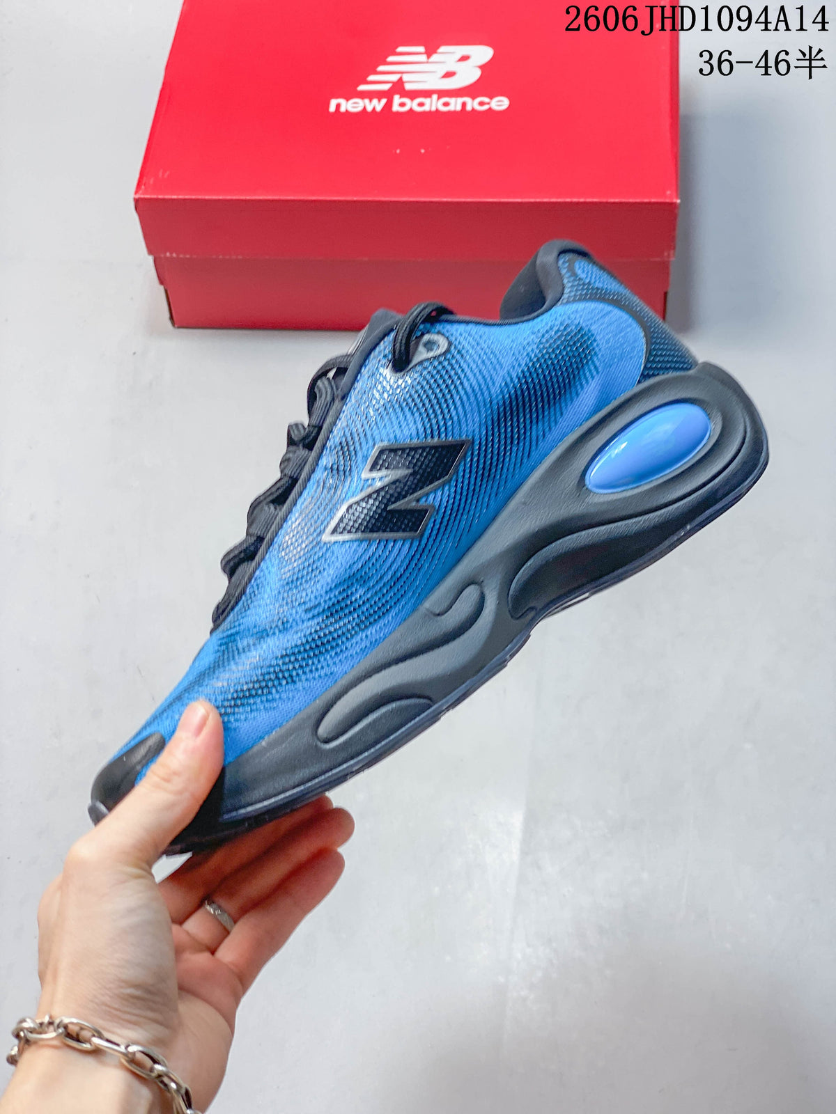 Side view showing the blue upper, side logo, and sculpted dark sole