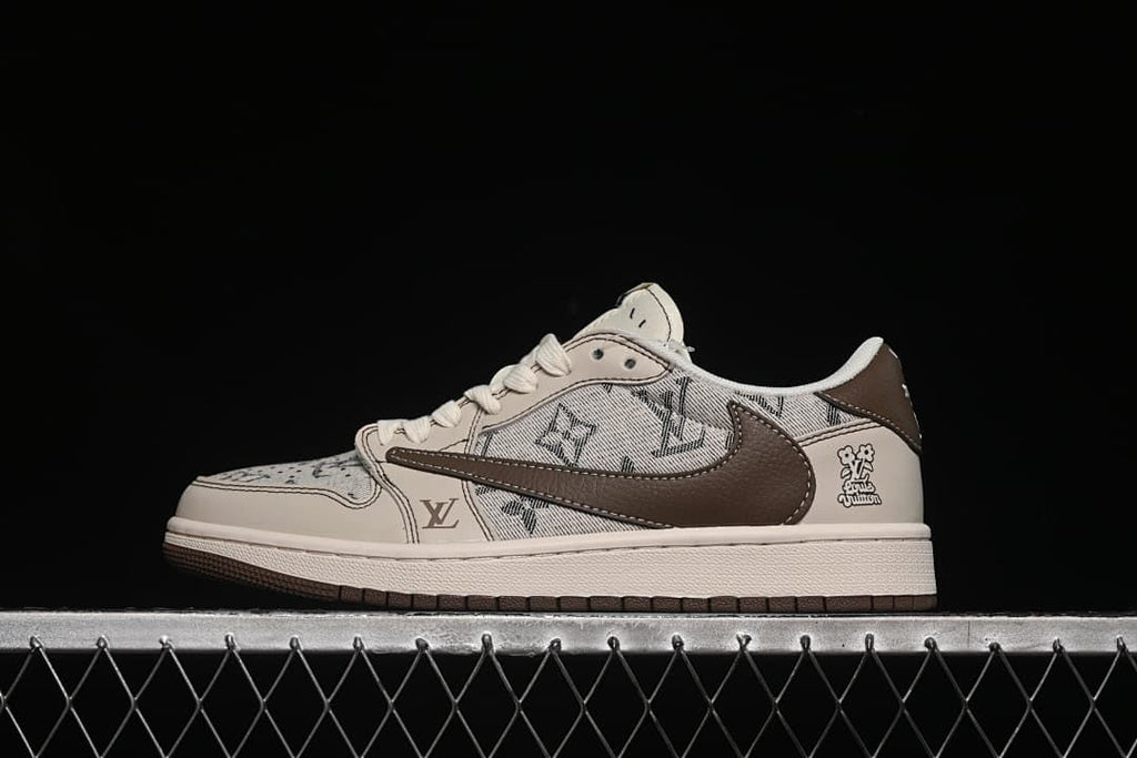 Side view of a beige patterned low-top sneaker with dark brown accents and white midsole