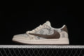 Side view of a beige patterned low-top sneaker with dark brown accents and white midsole