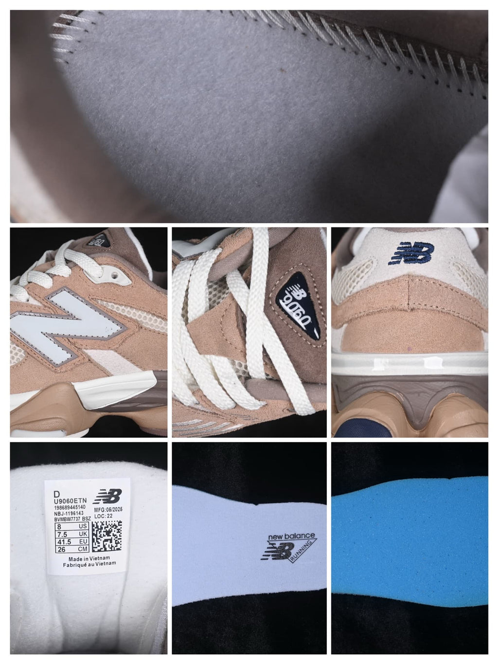 Detail collage showing the upper texture, branding, model labels, and photographed size label with EU 41.5, US 8, UK 7.5, and CM 26.