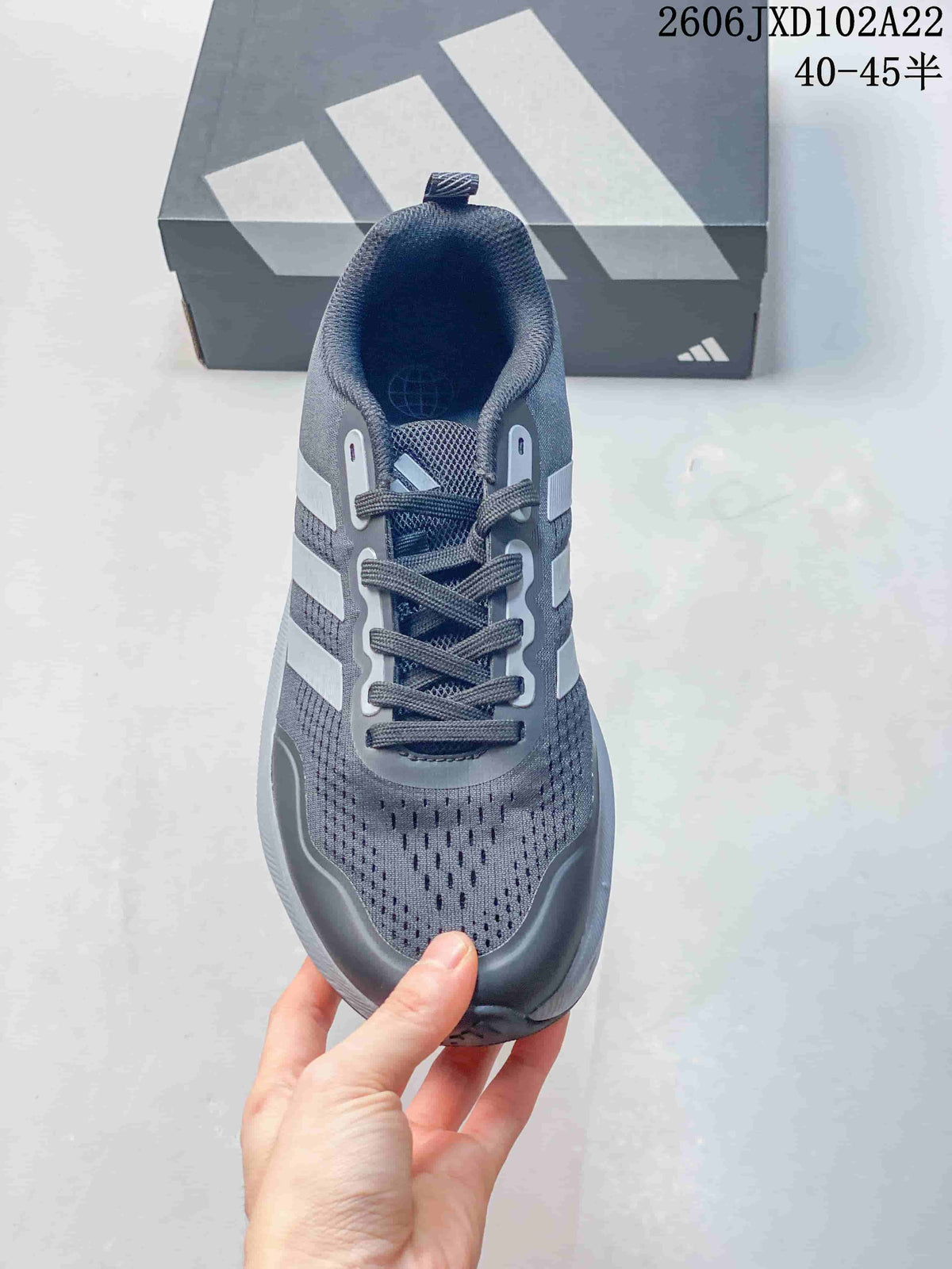 Top view of a gray Adidas lace-up shoe