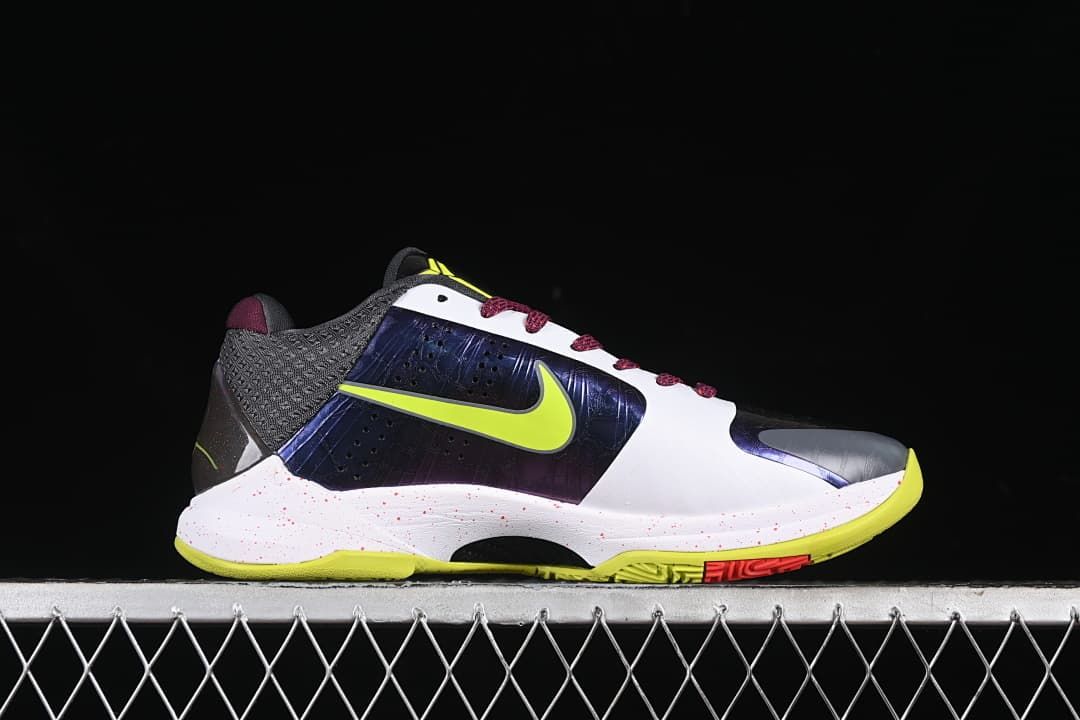 Side profile of one shoe, highlighting its multicolor panels and outsole.