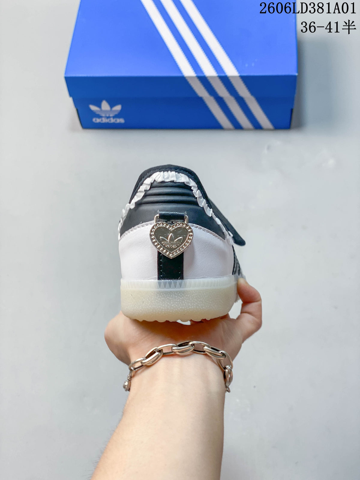 Rear view of the Adidas Samba Jane sneaker with a heart-shaped heel detail